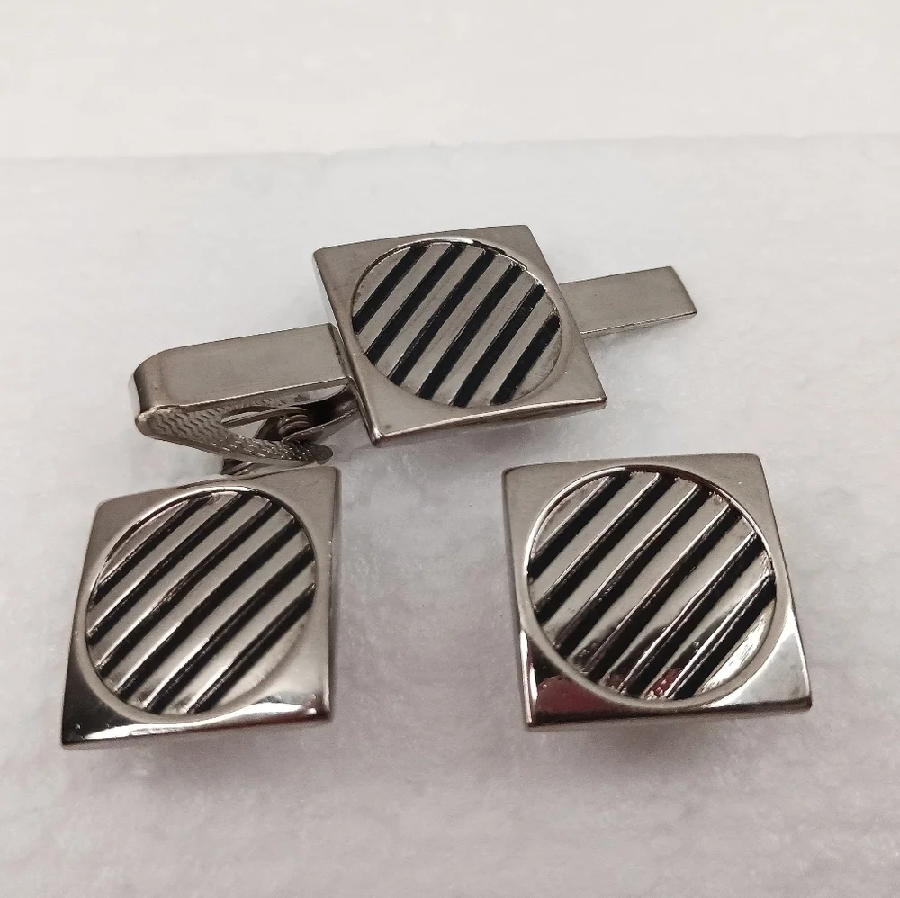 Tie Clip Bar, Cufflinks, Silver Black Vintage Space Age Graphics Classic Atomic